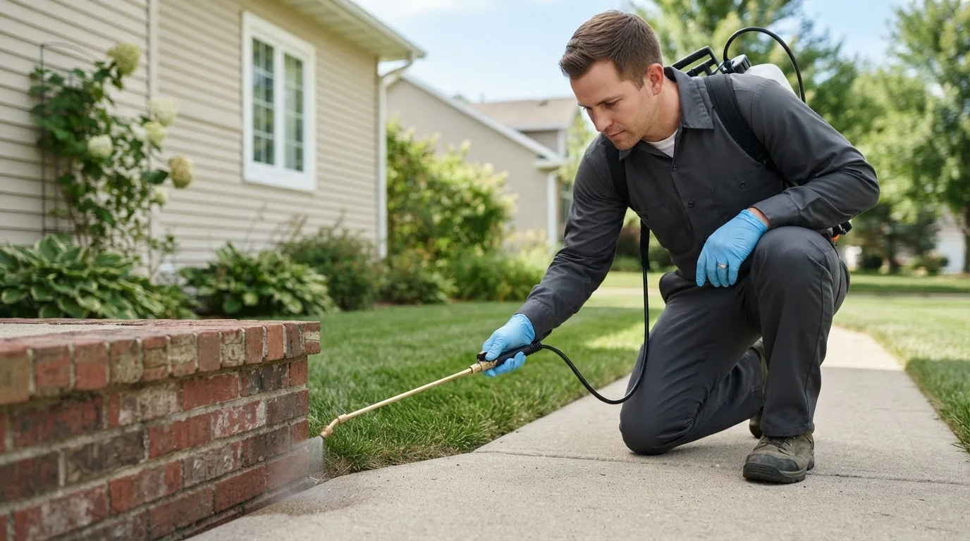 Pest control technician treating a home near Keysville, VA
