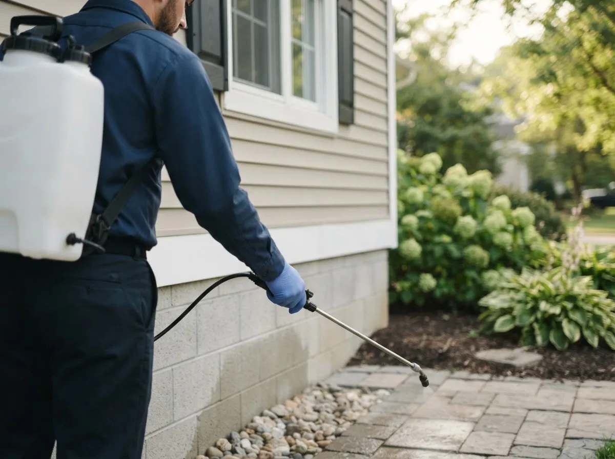 Pest control technician inspecting a home in Keysville, VA
